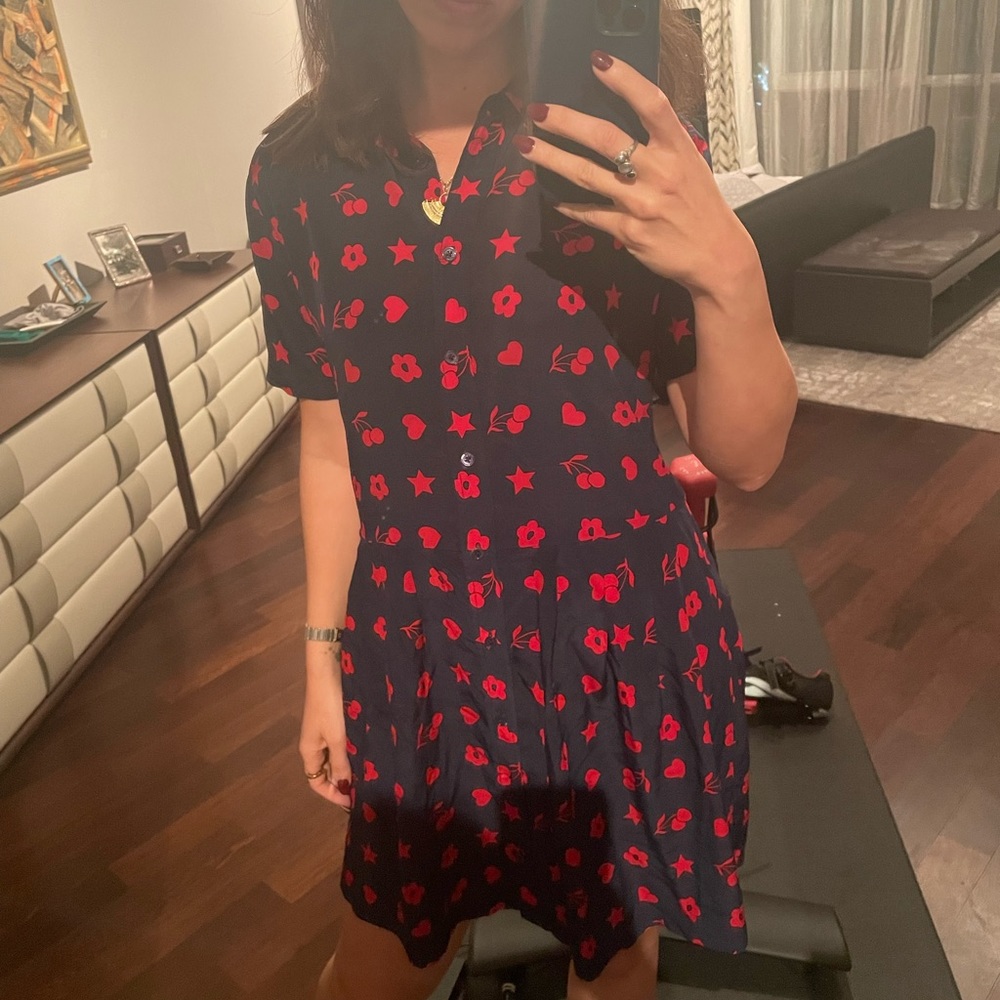 Equipment Naomi Dress Cherry Navy and Red Size Small 100% silk